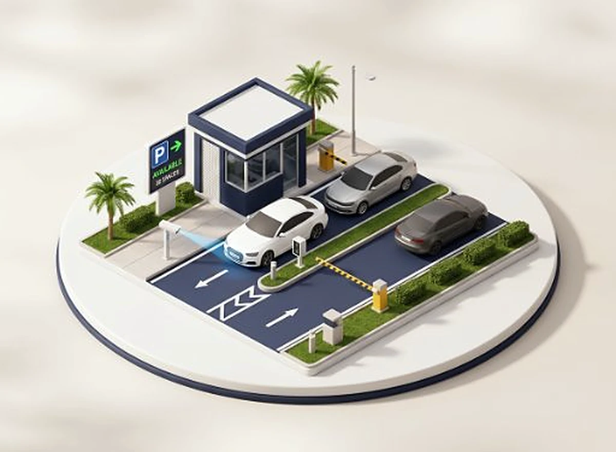 Isometric illustration of an ANPR camera reading vehicle license plates