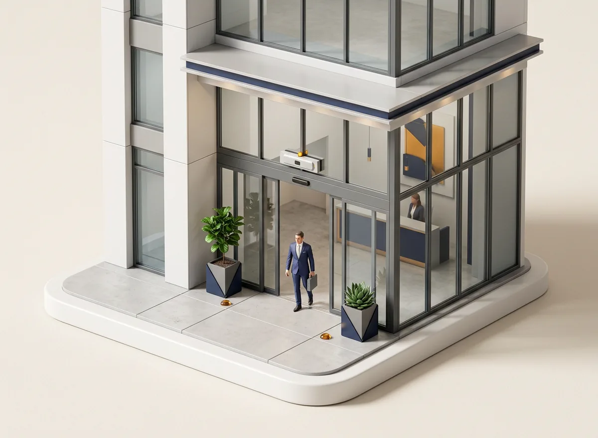 Isometric illustration of automatic sliding glass doors at a building entrance