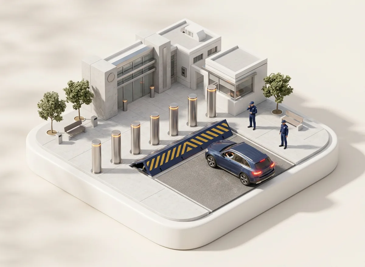 Isometric illustration of security bollards and a road blocker protecting a facility perimeter