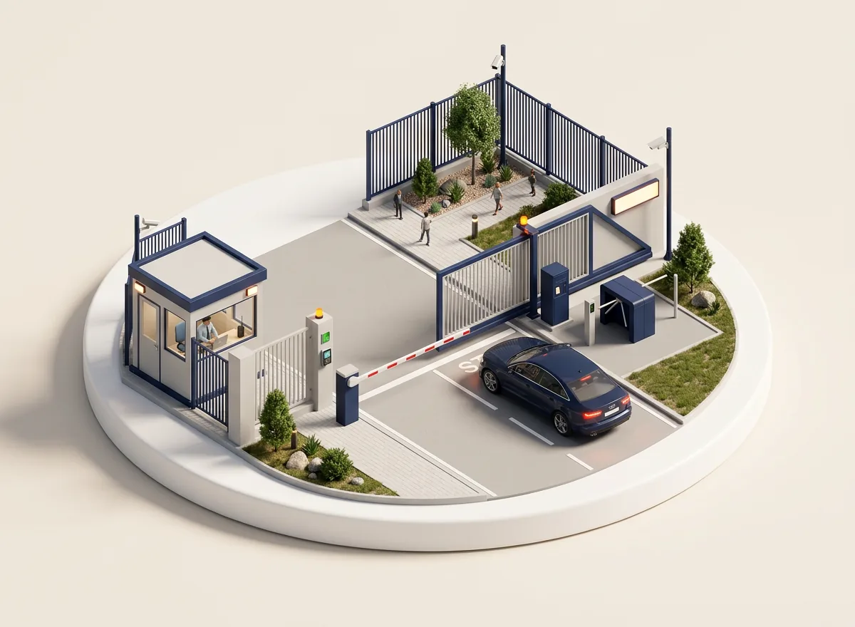 Isometric illustration of an automatic boom barrier at a facility gate