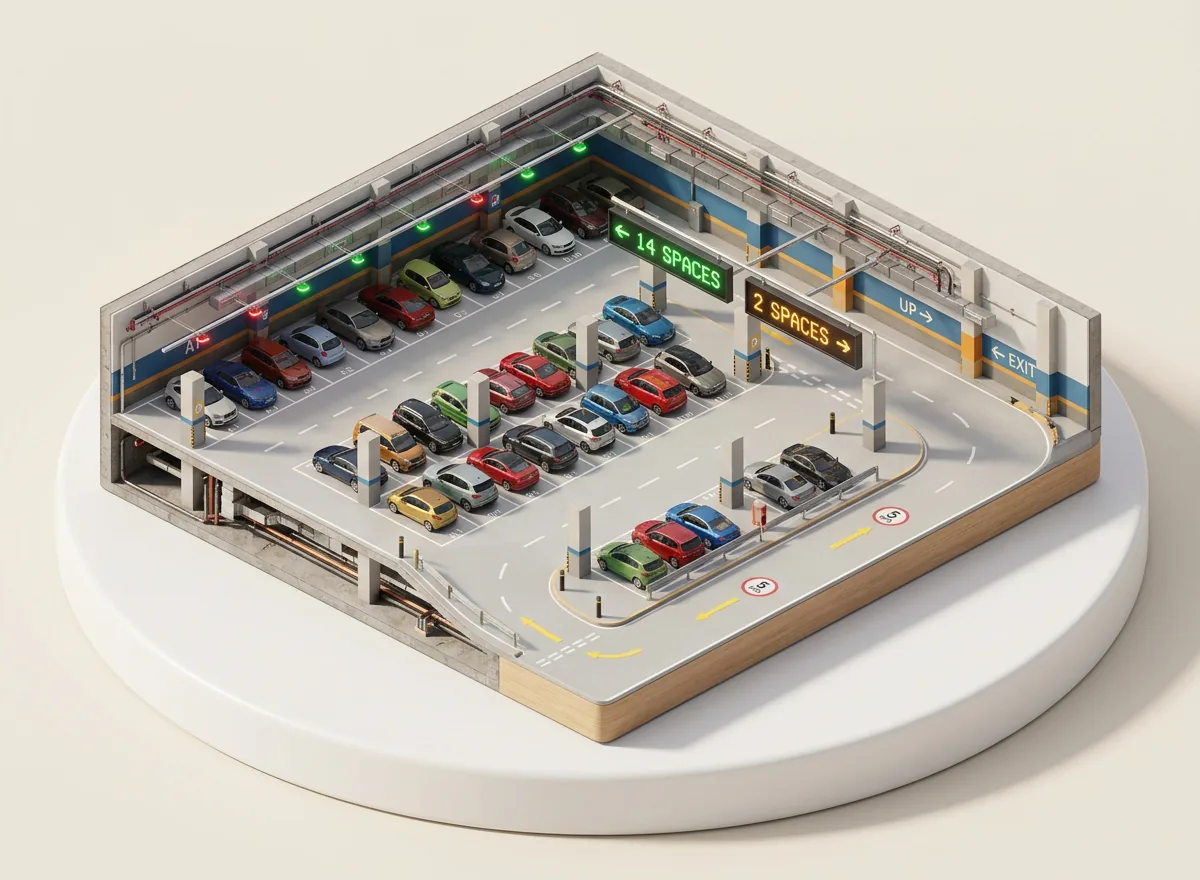 Isometric illustration of an LED parking guidance display showing available spaces
