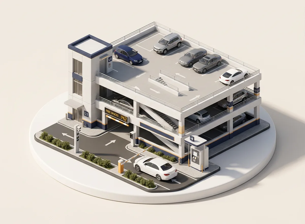 Isometric illustration of a parking management system with entry barrier and payment terminal