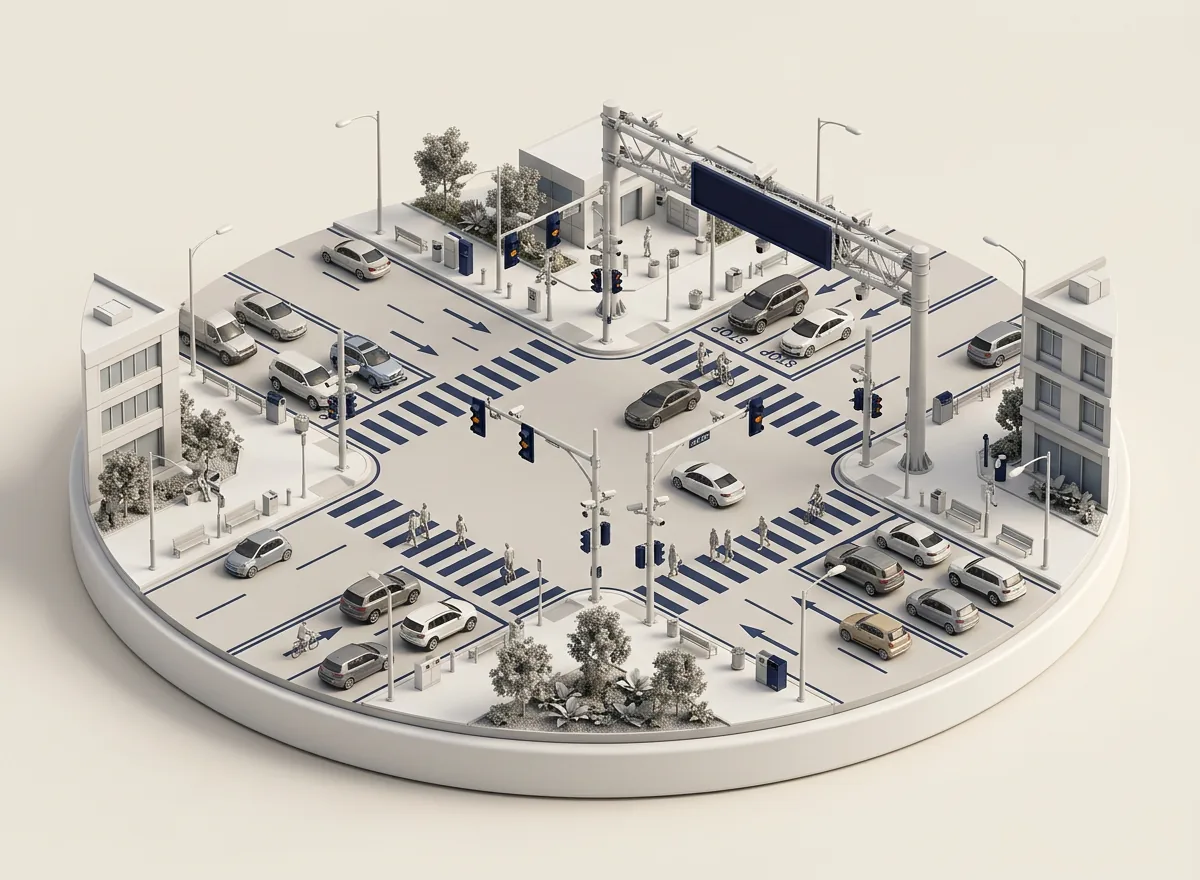 Isometric illustration of traffic monitoring and digital infrastructure solutions