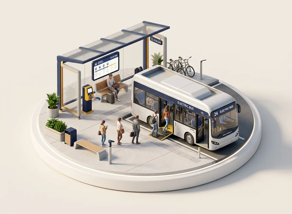 Isometric illustration of a passenger transport hub with buses and fleet management