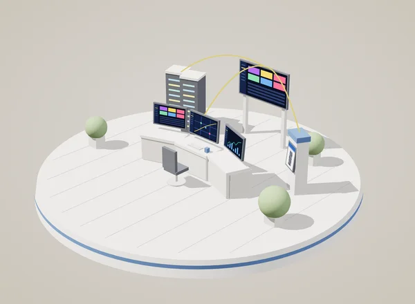 Z-Suite: operations desk with Zamtech software screens, server racks and a self-service kiosk