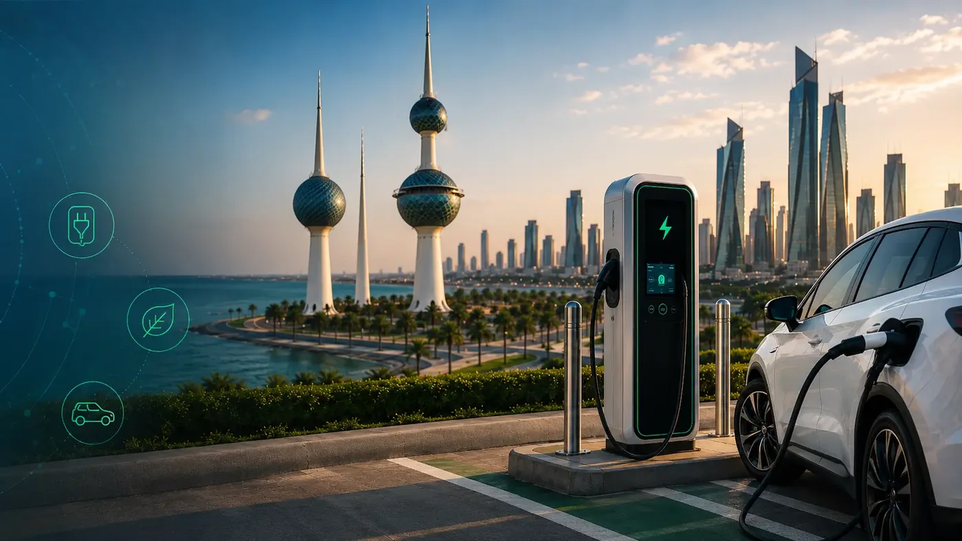 Electric vehicle charging at a fast charger in a Kuwait City parking bay, with the Kuwait Towers and city skyline behind