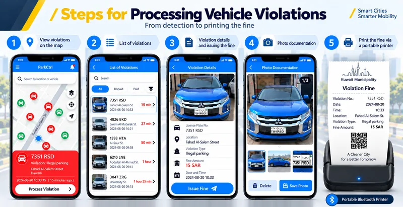 Enforcement app in five steps: view violations on the map, list of violations, violation details and issuing the fine, photo documentation, and printing the fine on a portable Bluetooth printer