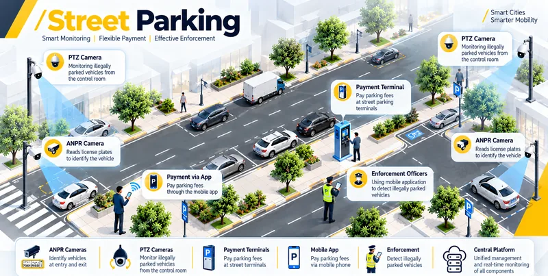 Street parking system overview: ANPR and PTZ cameras watch the bays, drivers pay at a payment terminal or in the mobile app, and enforcement officers check unpaid vehicles, all run from one central platform