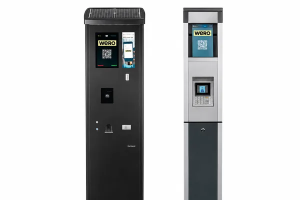 Two street parking payment terminals: a solar-topped pay station with touchscreen, QR code and card reader, and a slim pillar terminal with a keypad