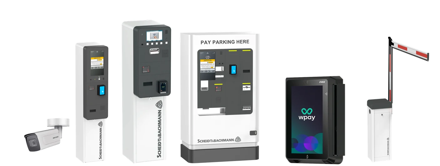 Parking management equipment: Hikvision ANPR camera, Scheidt & Bachmann entry terminal and automated pay stations, contactless payment terminal and Scheidt & Bachmann barrier