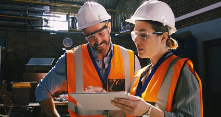 Engineers in hard hats and safety glasses reviewing a site checklist on a tablet