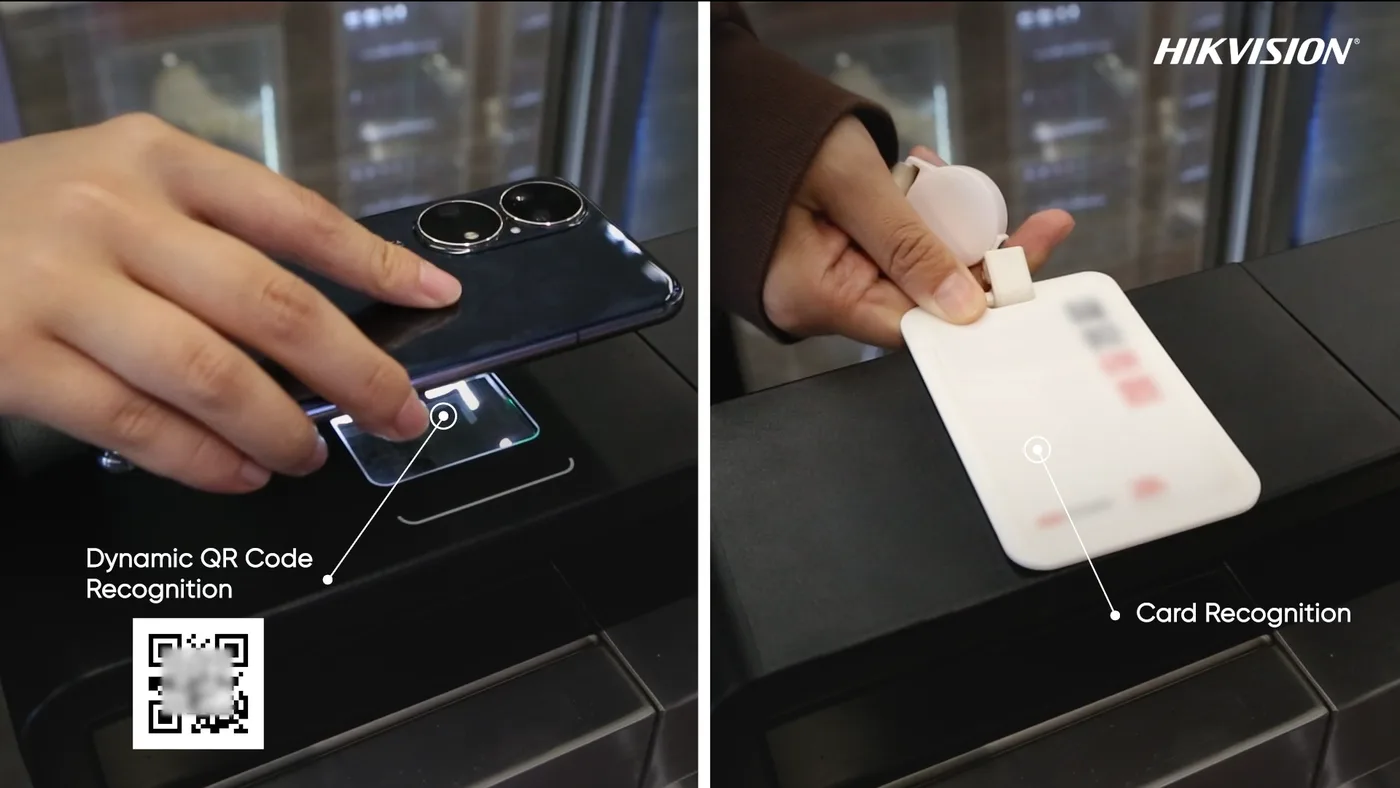 Hikvision speed gate reading a dynamic QR code from a phone and an access card